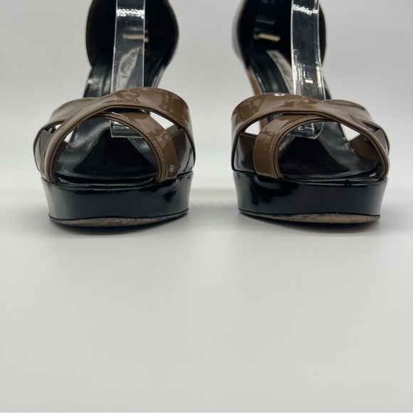Brian Atwood Peep Toe Platform Heels Brown Patent Leather Sz 8 Sexy - Picture 5 of 13